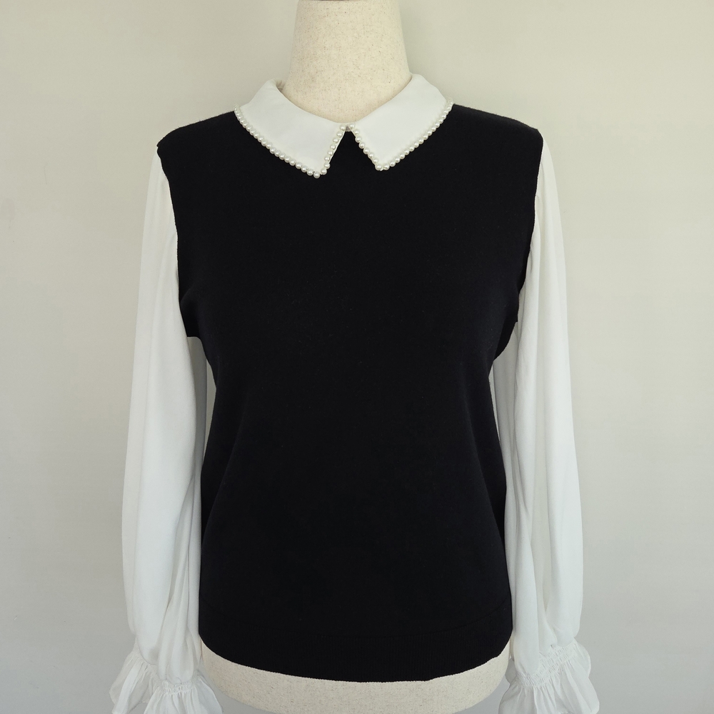 CeCe Twofer Black Sweater With Faux Pearl-Trim Collar Size L